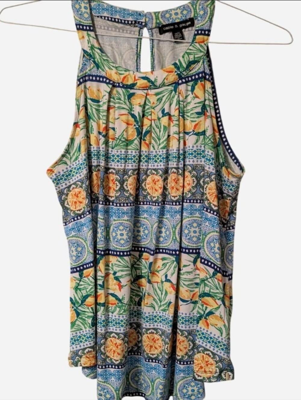Floral Mosaic Lemon Garden High-Neck Tank Top in Blue & Yellow, Size M